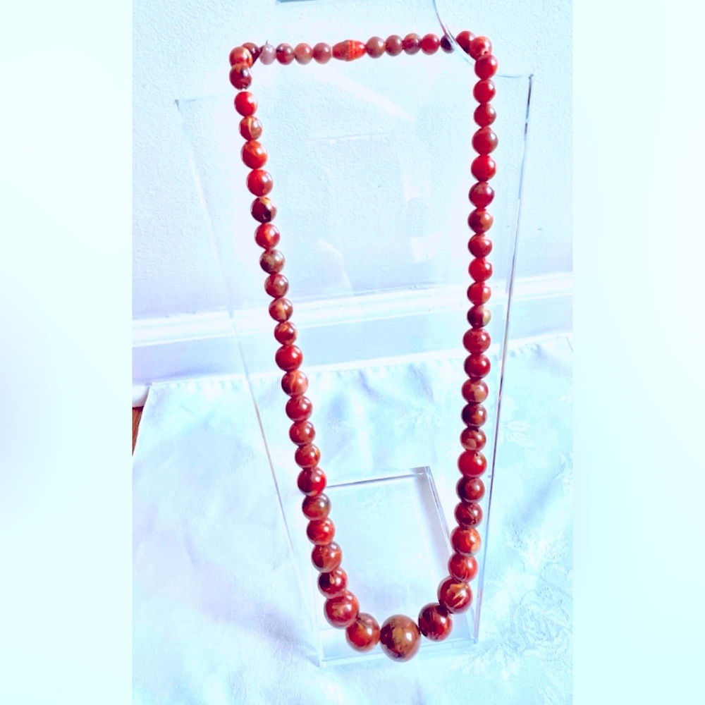 Art Deco Vintage Celluloid Bead Long Roaring Necklace In Burnt Orange 31" 1920s